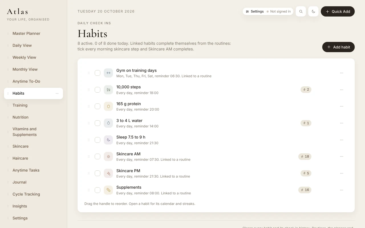 The Habits page: eight habits with check boxes, streak counts and reminder times