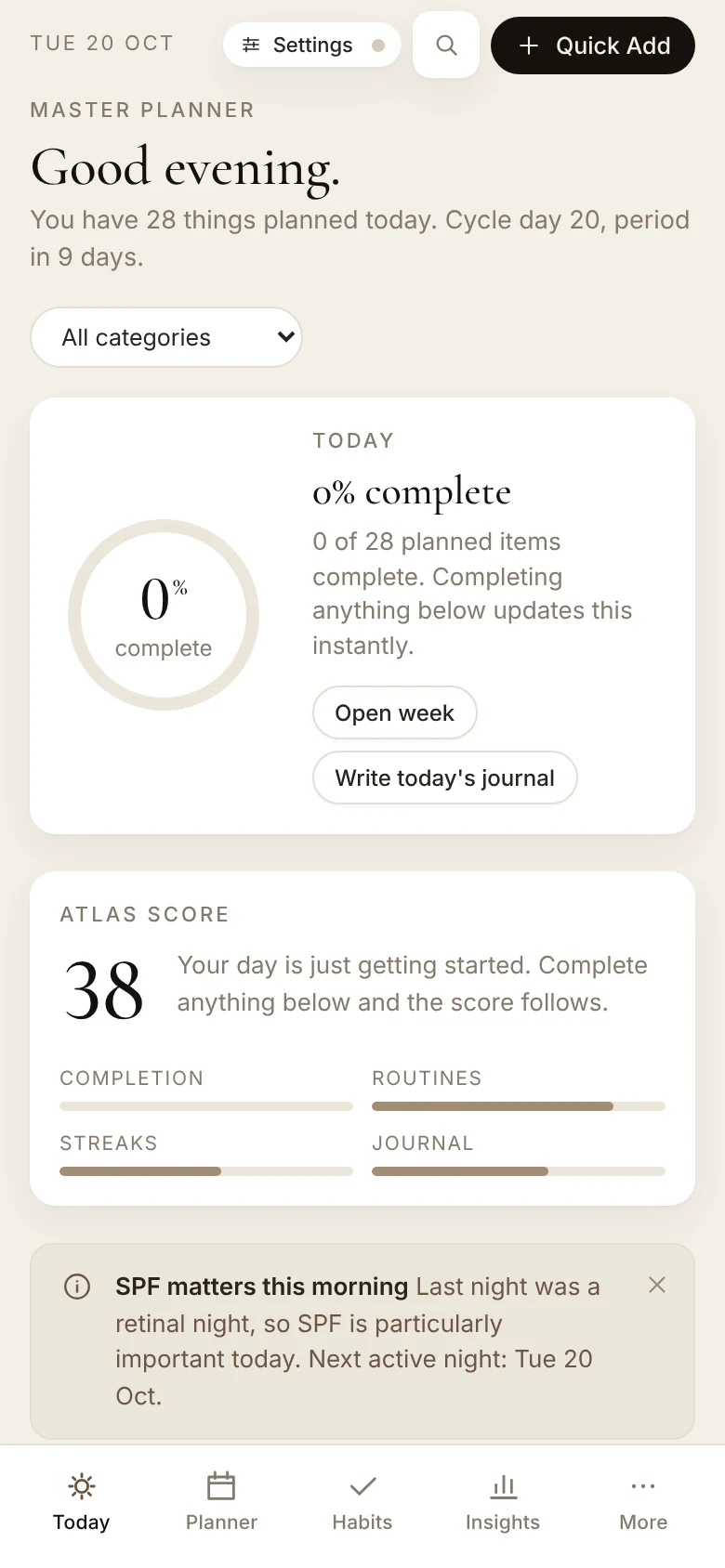 Atlas on a phone: the Today tab with the progress ring, the Atlas score and the tab bar